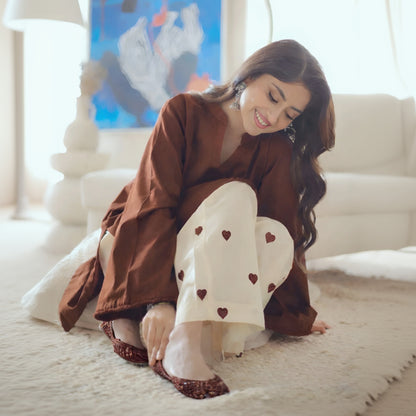 Coffee Brown Kurta and Embroidered Heart-Print Trouser Set 2pce