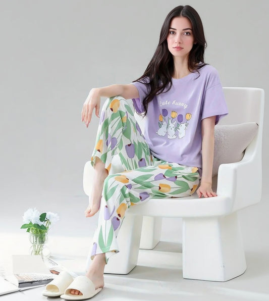 Lilac T-Shirt With Bunny Print And Floral Trousers Night Wear Set for Women S-XL