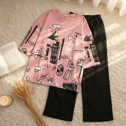 Relax Fit Oversized T-Shirt and Trouser Set for Girls 7-14