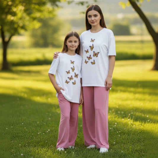 Butterfly Print White T-Shirt & Trouser Nightwear Set for Girls & Women 7-14 / S-XL