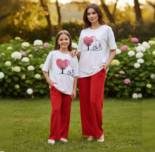 Heart Print White T-Shirt & Trouser Nightwear Set for Girls & Women 7-14 / S-XL