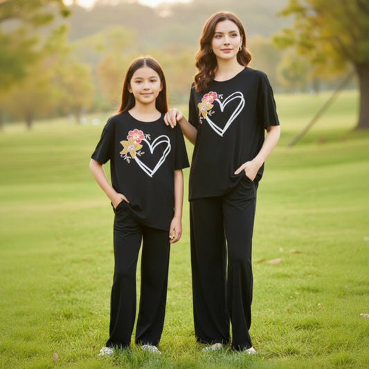 Flower Heart Print Black T-Shirt & Trouser Nightwear Set for Girls & Women 7-14 / S-XL