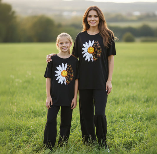 ButterFlower Print Black T-Shirt & Black Trouser Nightwear Set for Girls & Women 7-14 / S-XL