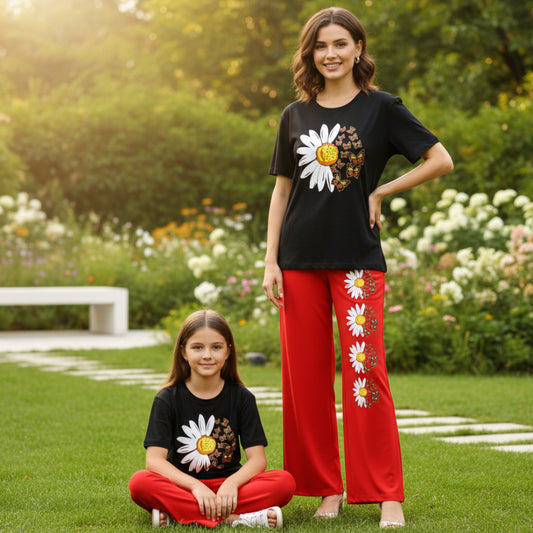 ButterFlower Print Black T-Shirt & Red Trouser Nightwear Set for Girls & Women 7-14 / S-XL
