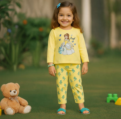 Yellow Prices with Flowers Printed Full Sleeves Kids Suit