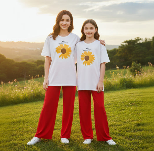 SunFlower Print White T-Shirt & Red Trouser Nightwear Set for Girls & Women 7-14 / S-XL