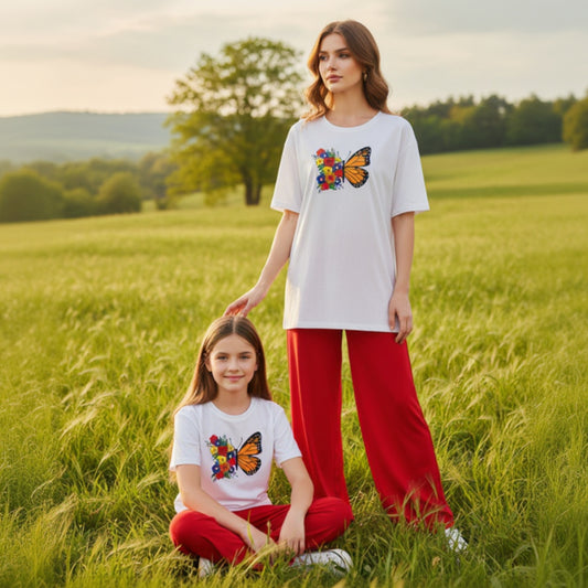 ButterFlower Print White T-Shirt & Red Trouser Nightwear Set for Girls & Women 7-14 / S-XL