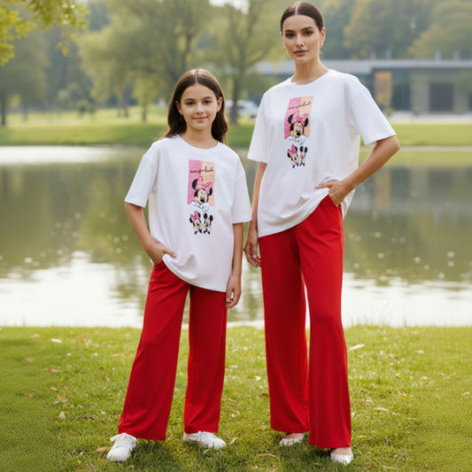Mickey Mouse Print White T-Shirt & Red Trouser Nightwear Set for Girls & Women 7-14 / S-XL