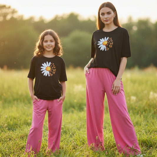 ButterFlower Print White T-Shirt & Red Trouser Nightwear Set for Girls & Women 7-14 / S-XL