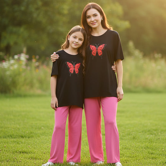 Butterfly Print White T-Shirt & Trouser Nightwear Set for Girls & Women 7-14 / S-XL