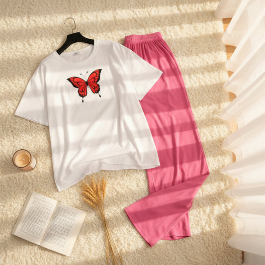 Butterfly Print White T-Shirt & Trouser Nightwear Set for Woman S-XL