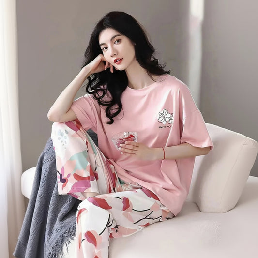 Baby Pink Flower Printed Half Sleeves Shirt and Printed Trouser Night Wear Set for Women S-XL