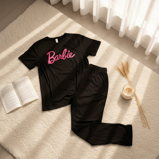 Barbie Print Black T-Shirt & Trouser Nightwear Set for Girls 7-14
