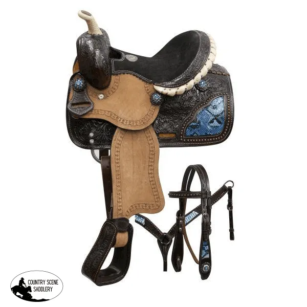 10" Double T pony saddle set with blue snake print inlays.