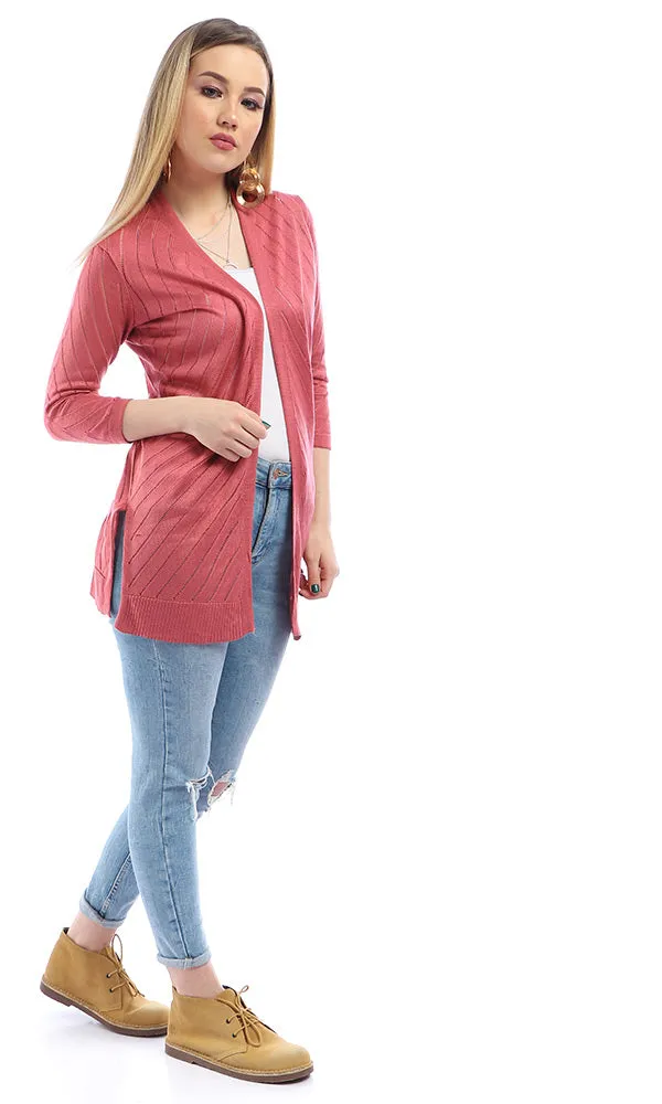 54052 Casual Long Sleeves Comfy Knitted Cerise Cardigan