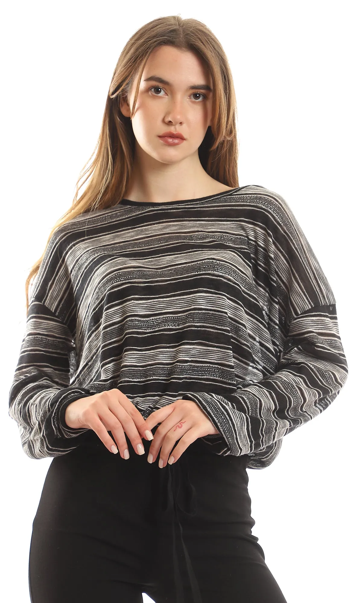 56546 Cotton Striped Top With Lace Trim - Black & Off White