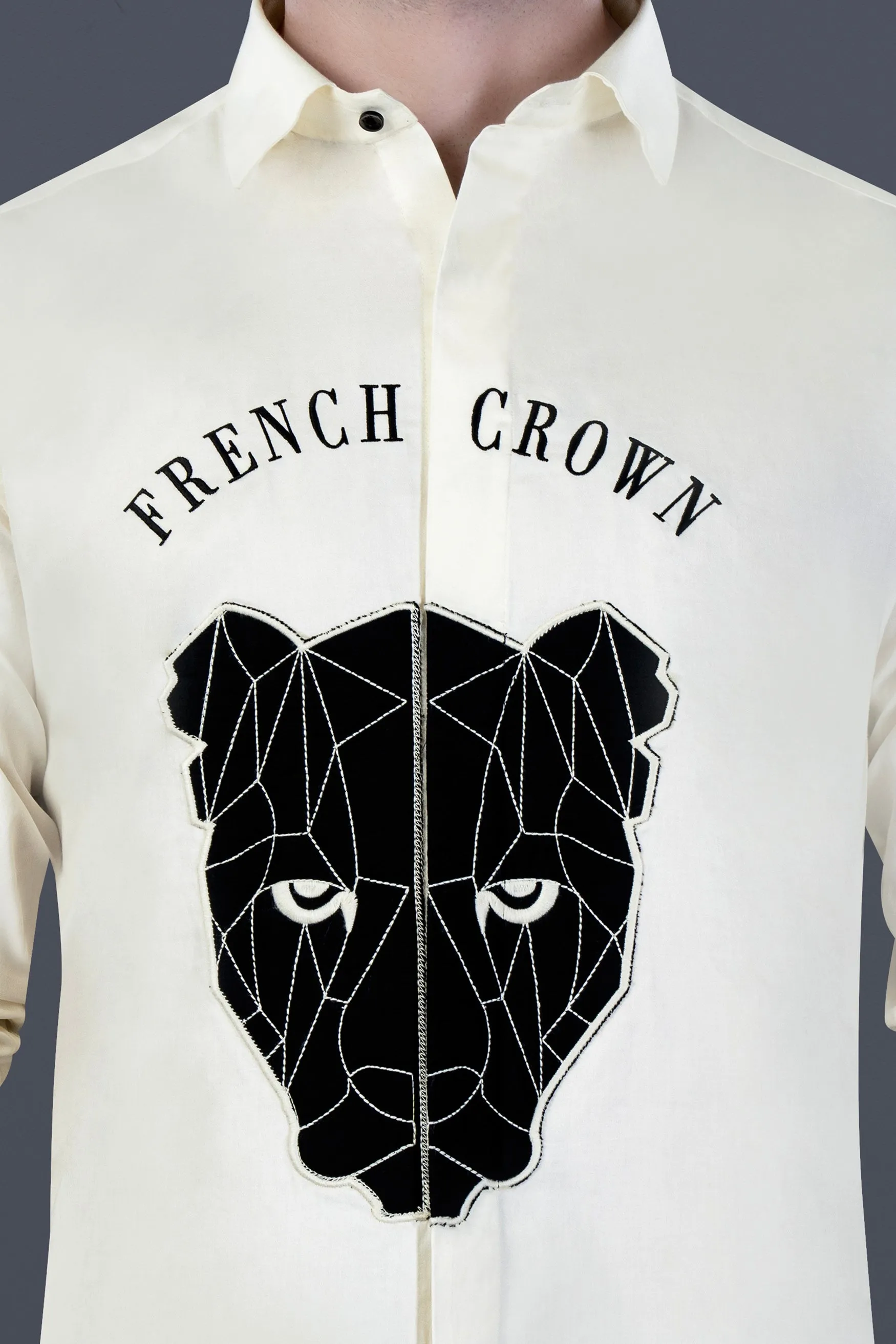 Almond Cream with French Crown Embroidered and Black Panther Patchwork Subtle Sheen Super Soft Premium Cotton Designer Shirt