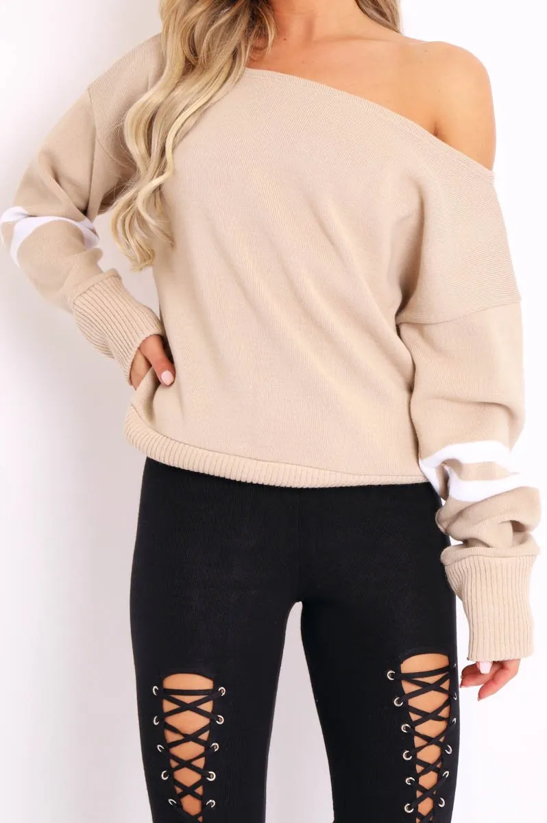 Beige Stripe Off Shoulder Knit Jumper - Fifi