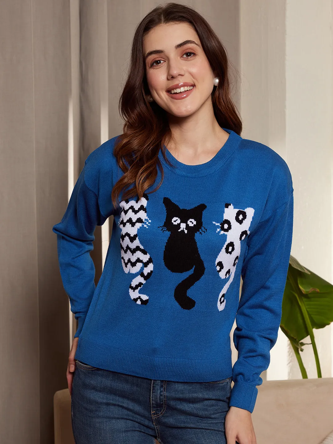 Berrylush Women Blue, White, & Black Cat Printed Round Neck Drop-Shoulder Sleeves Ribbed Hem Regular Sweater