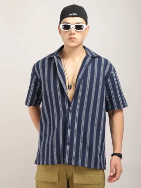 Blue Jute Knitted Stripe Half Sleeve Shirt