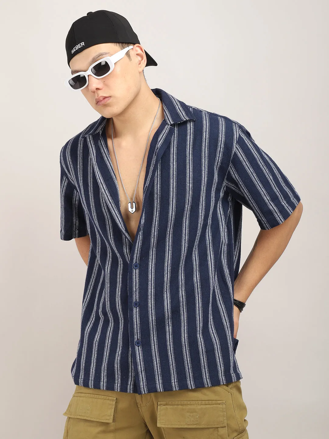 Blue Jute Knitted Stripe Half Sleeve Shirt