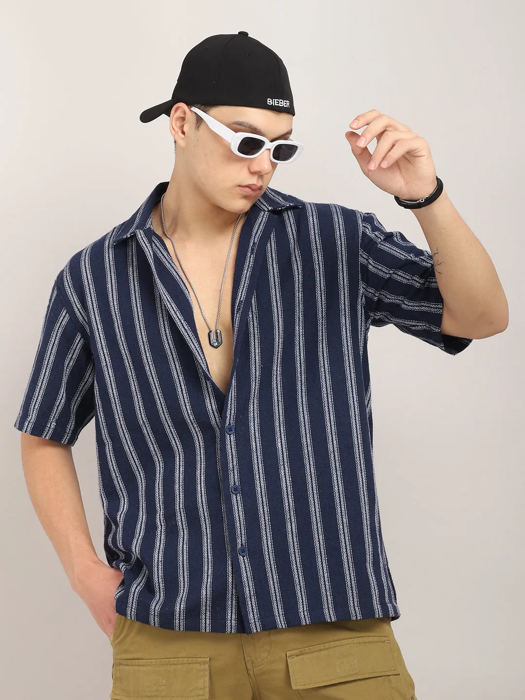 Blue Jute Knitted Stripe Half Sleeve Shirt