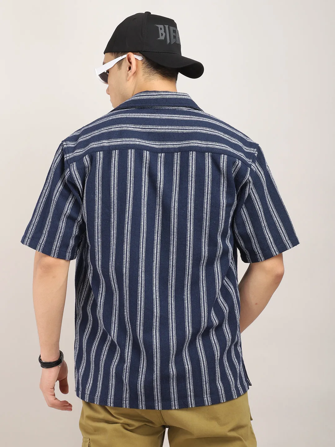 Blue Jute Knitted Stripe Half Sleeve Shirt