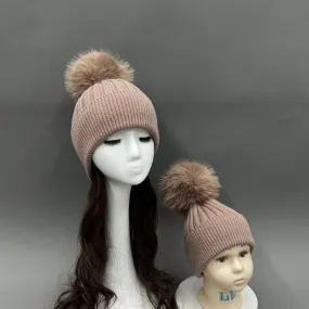 Childrens Taupe Faux Fur Bobble Hat