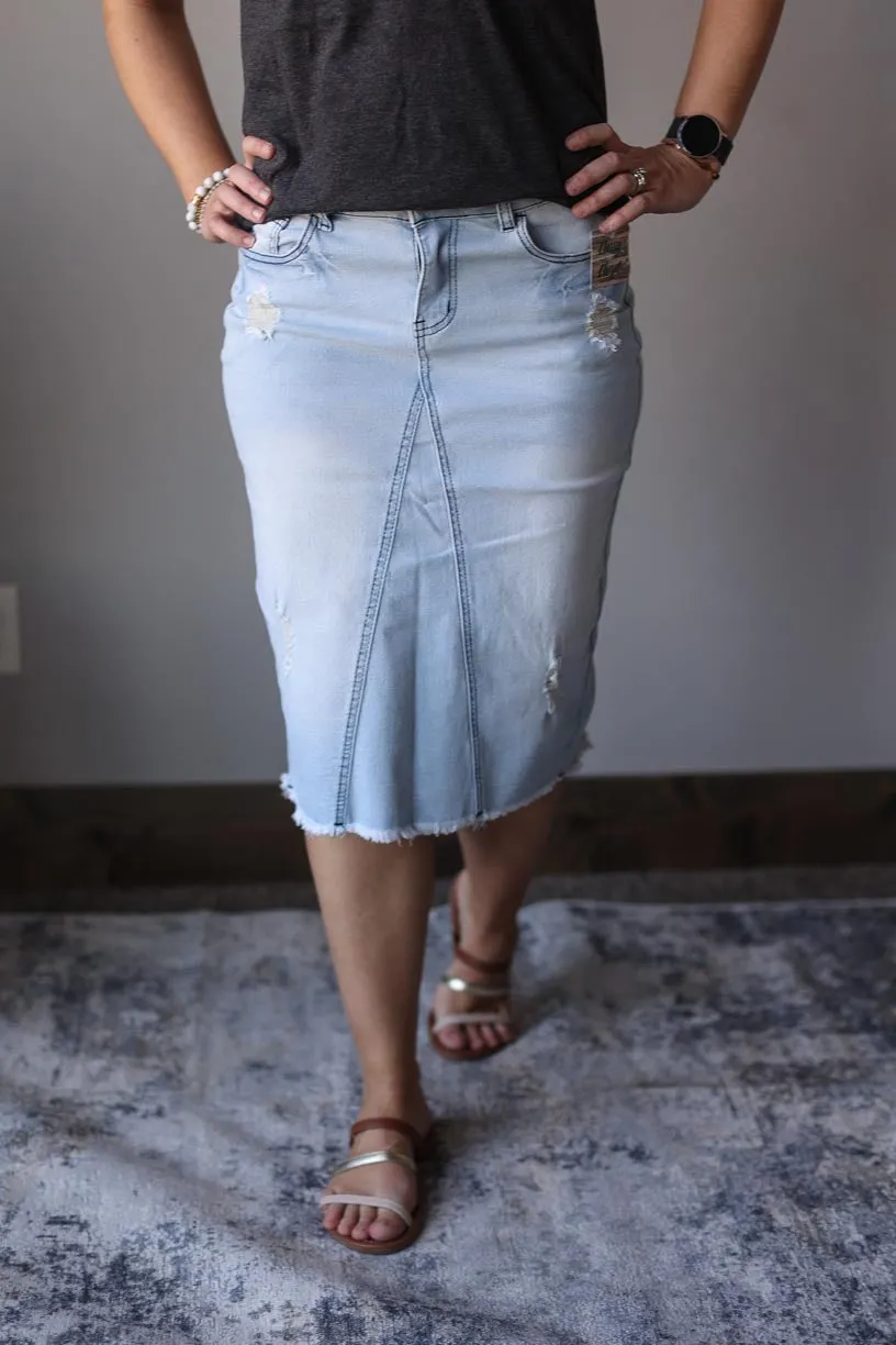 Chloe Light Wash Midi Denim Skirt