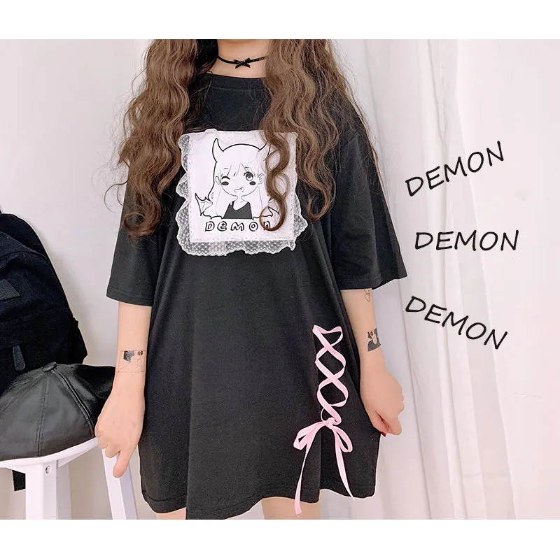 CUTE DEMON GIRL LACE LOOSE MEDIUM-LENGTH T-SHIRT BY22339