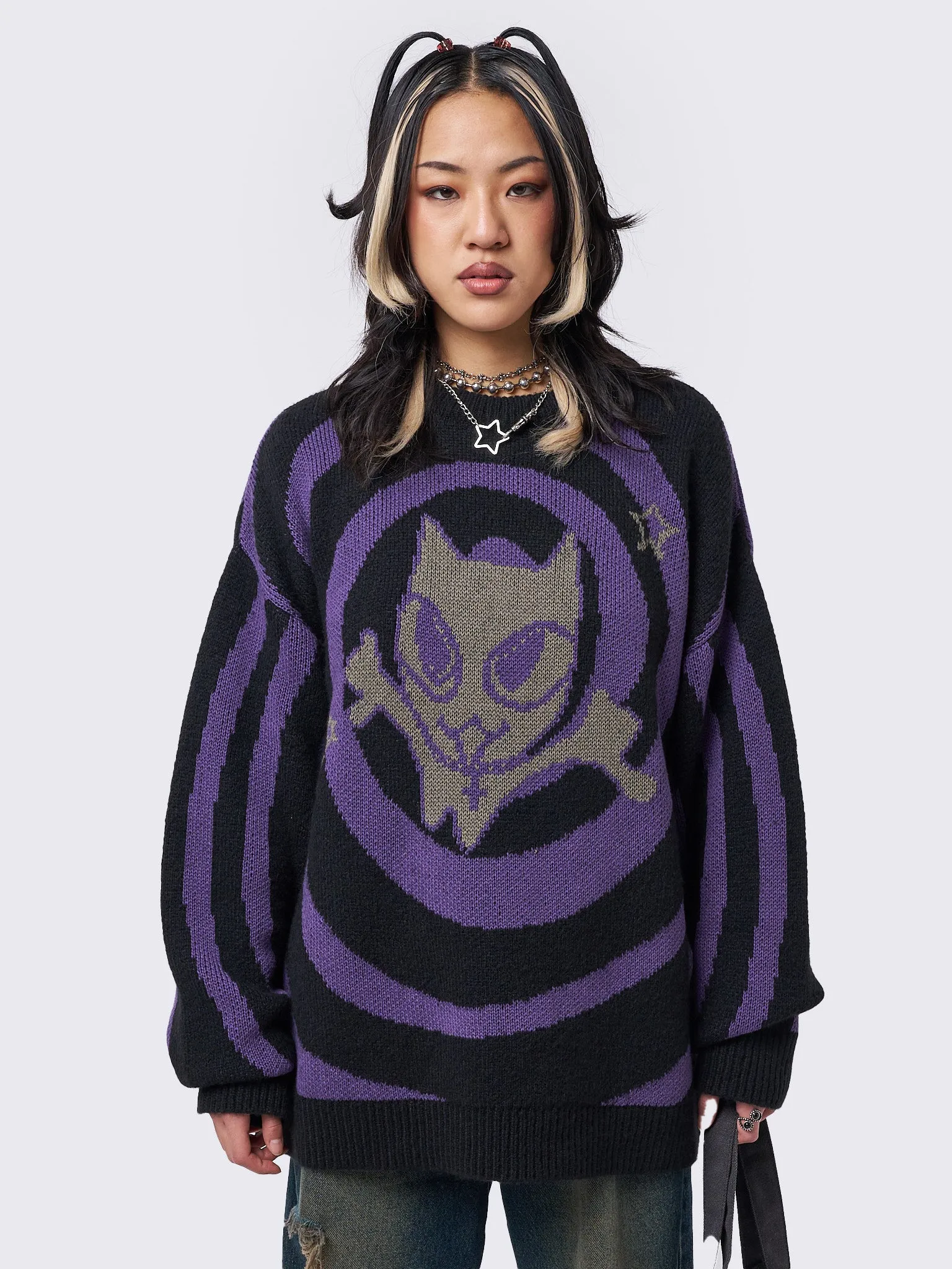 Cyber Kitty Swirl Graphic Knit Sweater