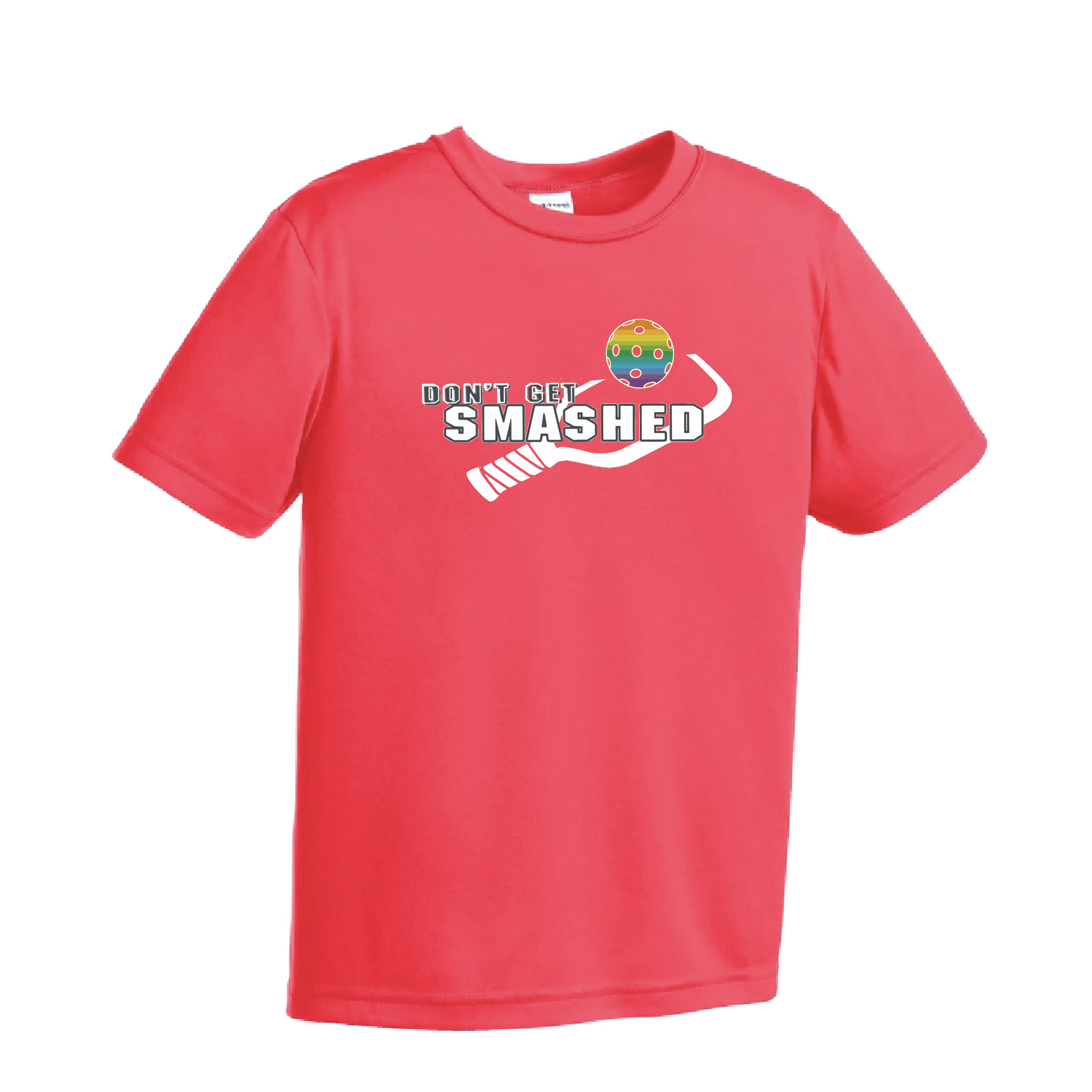 Don't Get Smashed (Red Green Rainbow Pickleball Colors) | Youth Short Sleeve Athletic Shirt | 100% Polyester