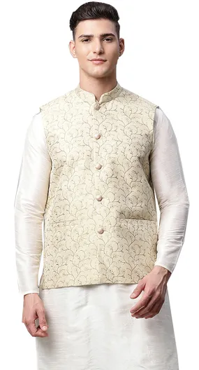 Floral Men's Embroidered Nehru Jackets from India (Gold)