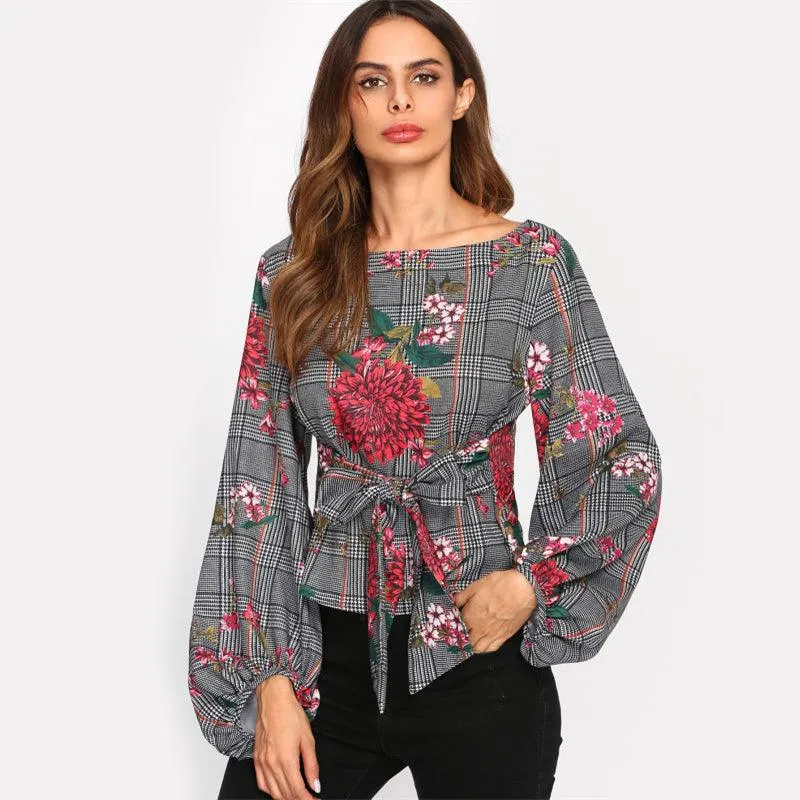 HOLLY’S HOUNDSTOOTH FLORAL LANTERN SLEEVE TOP