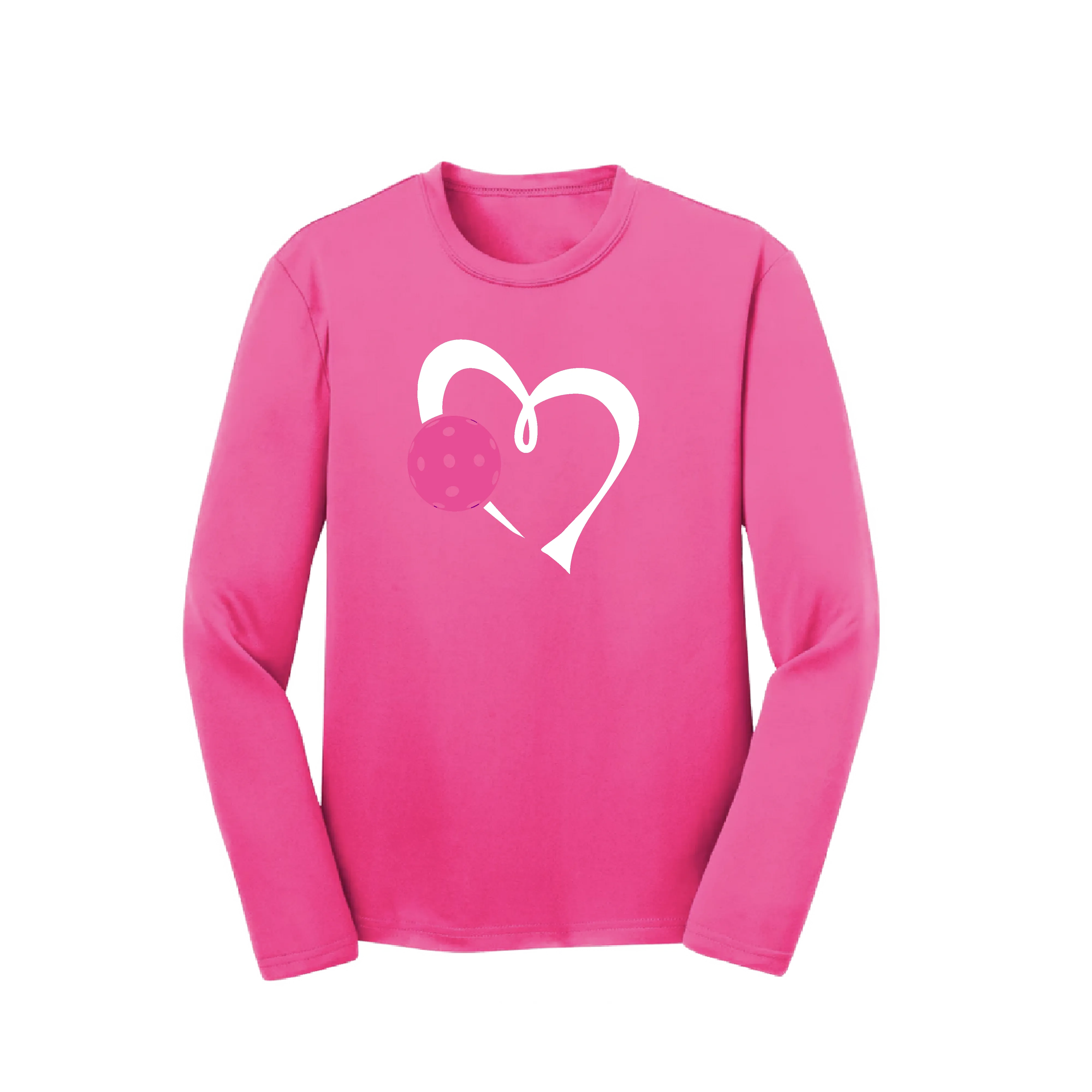 Love Pickleball Heart (Pink) | Youth Long Sleeve Athletic Pickleball Shirt | 100% Polyester