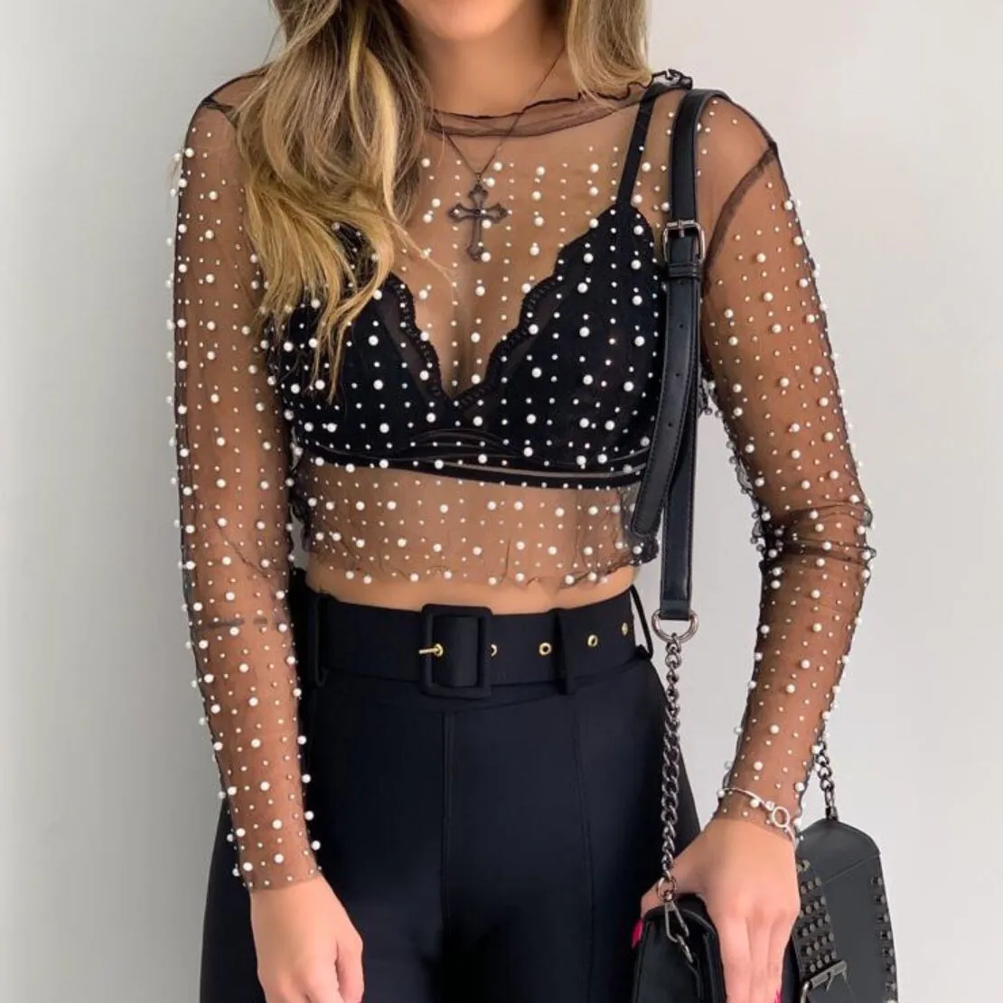 Luxury Pearls And Rhinestone Studded Embellished Mesh Shirts