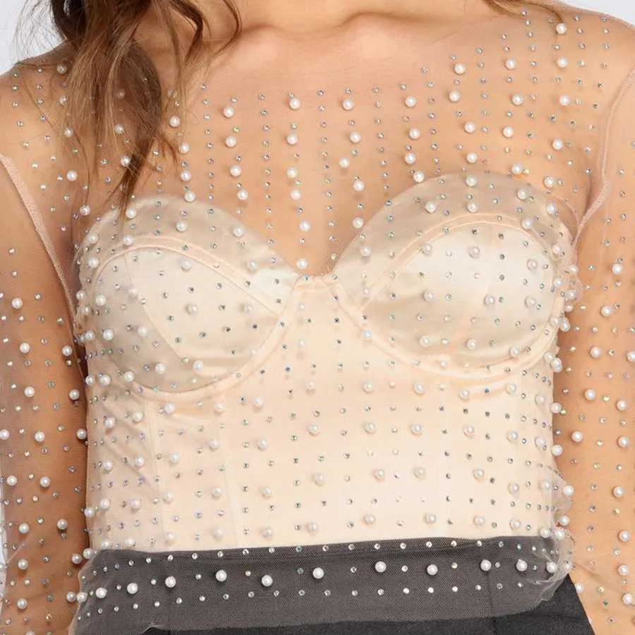 Luxury Pearls And Rhinestone Studded Embellished Mesh Shirts