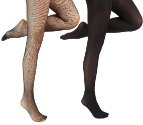 Marilyn Monroe Womens Ladies 2Pack Black Polka Dots Fishnet Tights With Solid Opaque (See More Sizes)