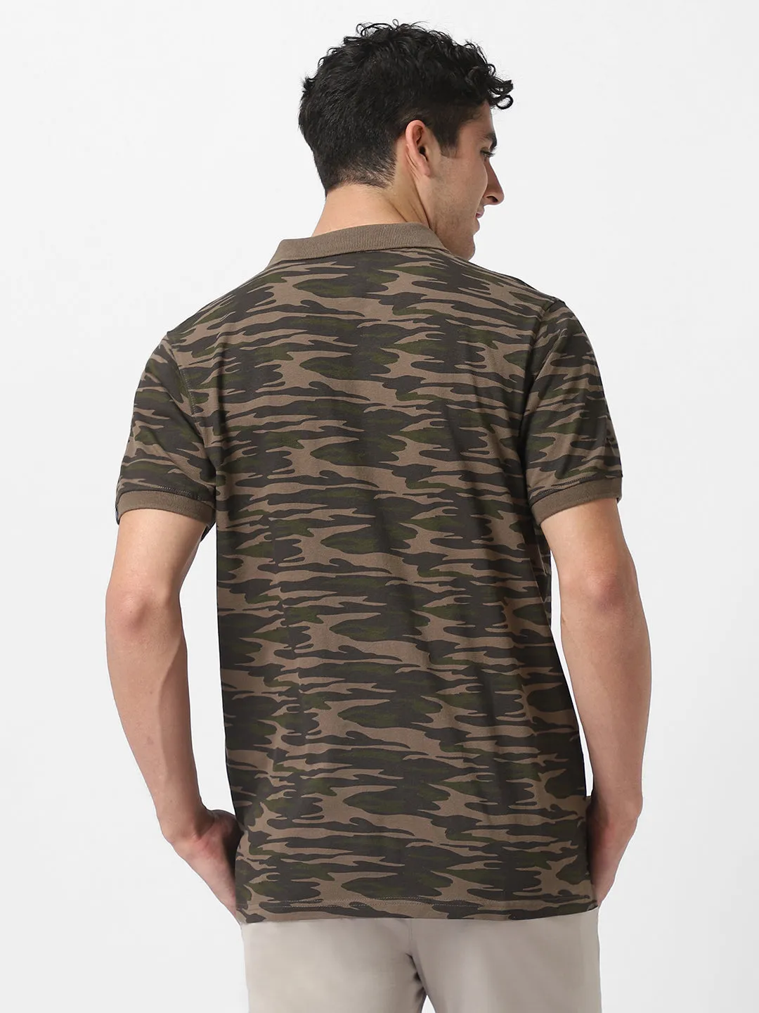 Men's Green, Dark Green Military Camouflage Printed Slim Fit Cotton Polo T-Shirt