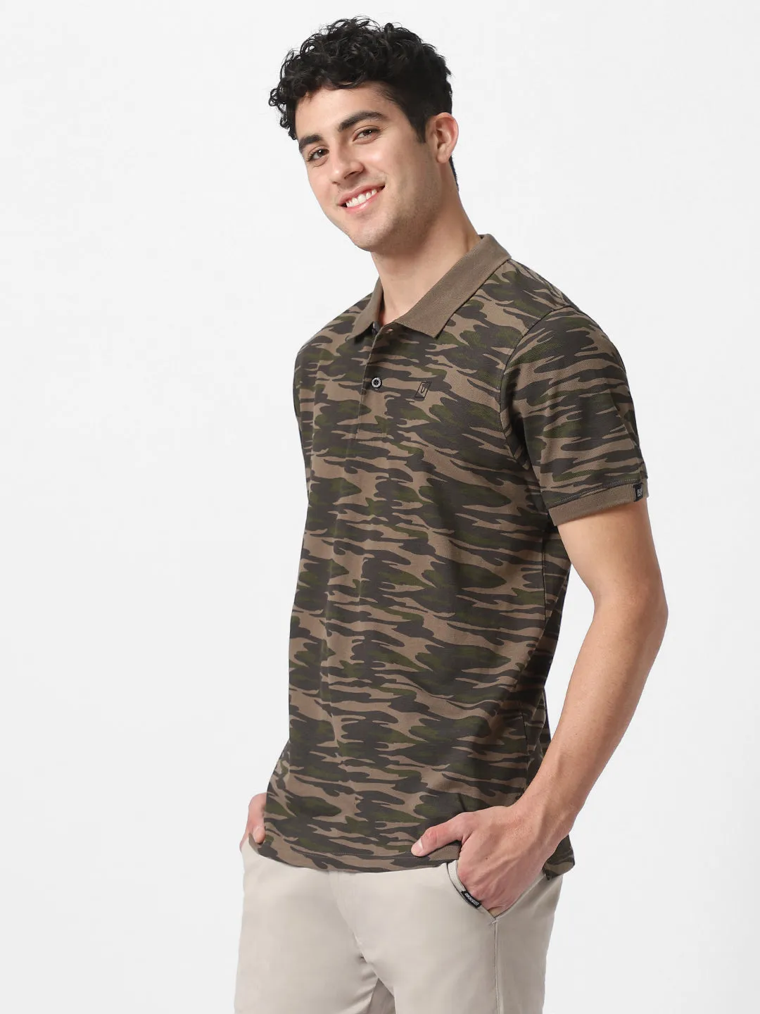 Men's Green, Dark Green Military Camouflage Printed Slim Fit Cotton Polo T-Shirt