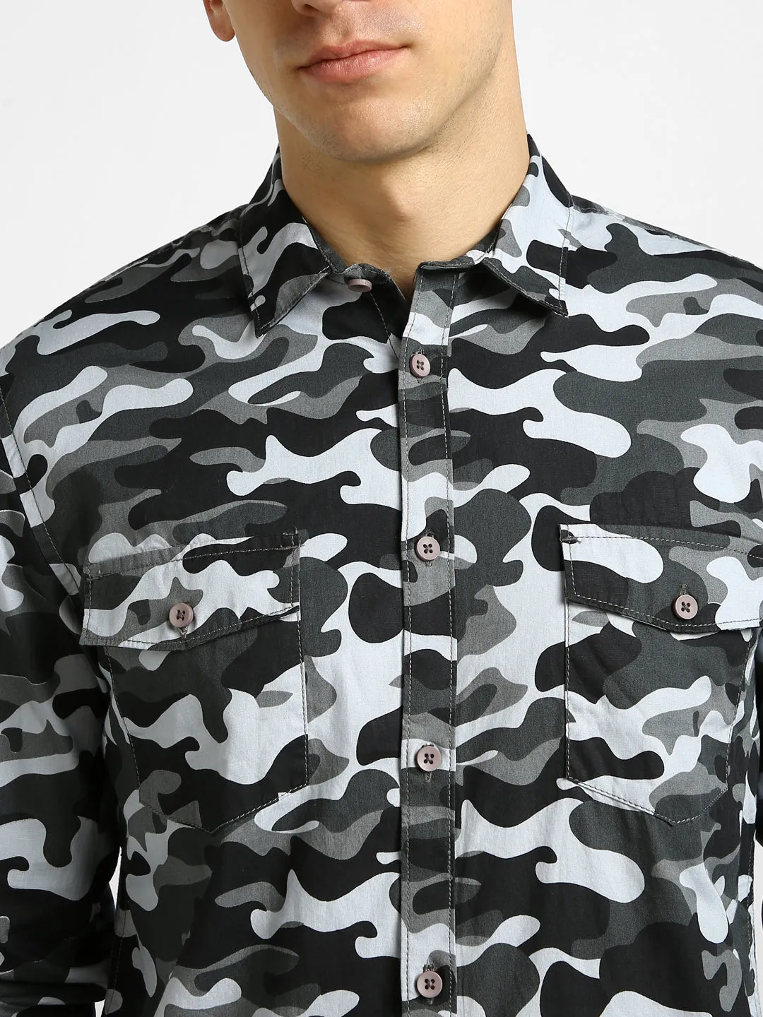 Men's Grey Cotton Full Sleeve Slim Fit Casual Camouflage Printed Shirt