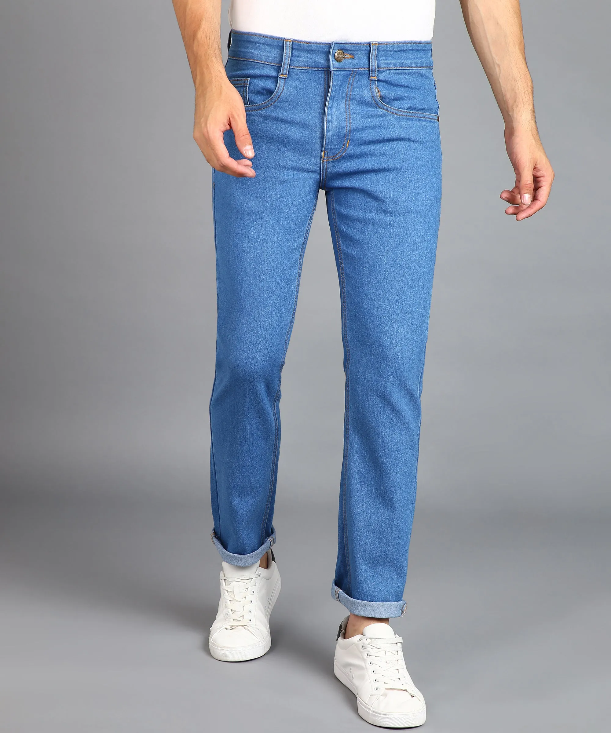 Men's Light Blue Regular Fit Washed Jeans Stretchable