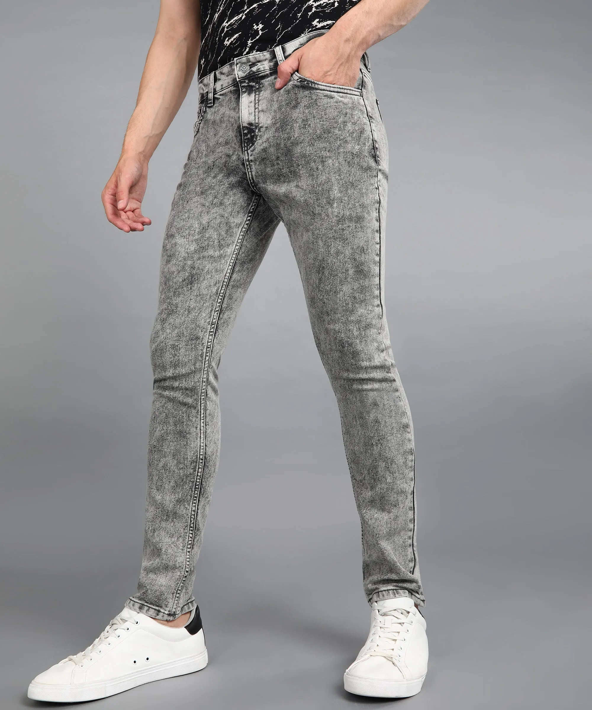 Men's Light Grey Regular Fit Washed Jeans Stretchable