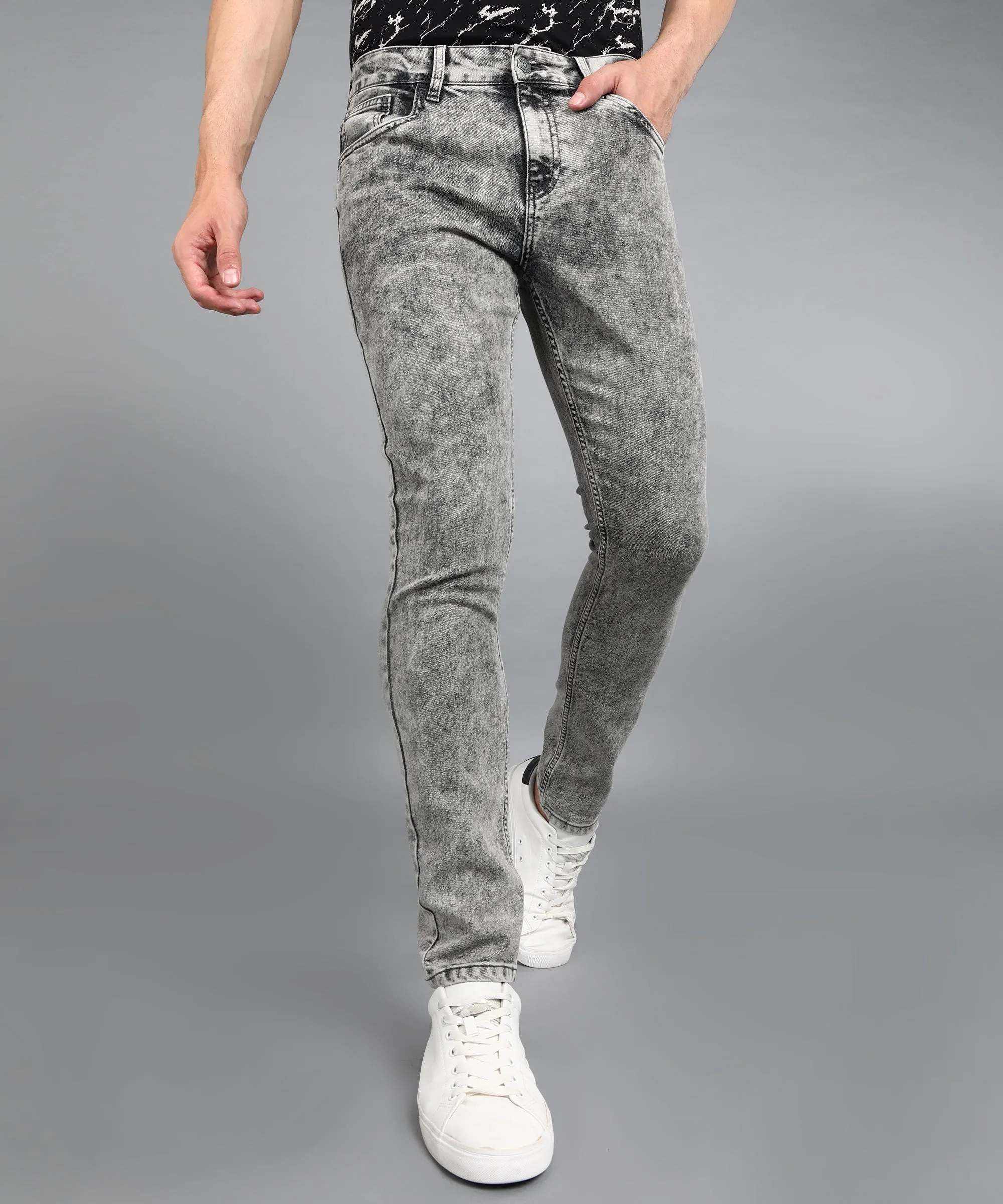 Men's Light Grey Regular Fit Washed Jeans Stretchable