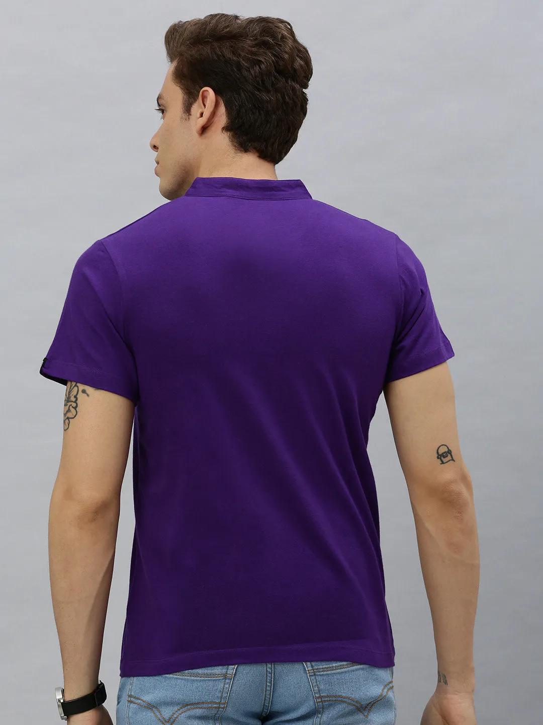 Men's Purple Solid Mandarin Collar Slim Fit Cotton T-Shirt