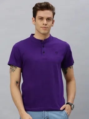 Men's Purple Solid Mandarin Collar Slim Fit Cotton T-Shirt